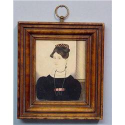 MINIATURE PORTRAIT. Watercolor on heavy stock of a woman possibly in mourning. She wears a black …