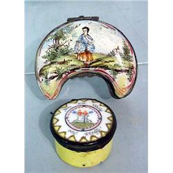 TWO ENAMELED BOXES. French crescent with a woman and tree on the lid. Initialed "VP" for Venoe Pe…
