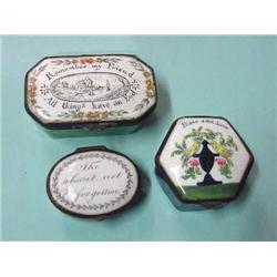 THREE ENAMEL BOXES. Cobalt hexagonal with polychrome lovebirds. 1 3/4"d.; green with a canal and …