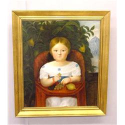 FRAMED OIL ON CANVAS OF A YOUNG GIRL. Bright colors with good detail. She sits in a reddish brown…