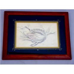 TWO FRAMED SPENCERIAN DRAWINGS.  Example illustrated has a dove with olive branch and a banner, "…