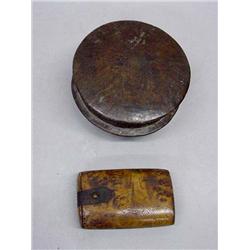 TWO BURL BOXES. Both have good figure. Round example with lid. 4 3/4 d.. Oval piece with capped e…