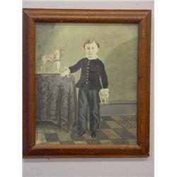 WATERCOLOR ON PAPER OF BOY WITH PULL TOYS. He is wearing a black velvet shirt, black pants, holdi…