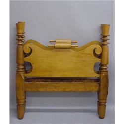 CURLY MAPLE ROPE BED. Old refinishing. Turned posts have cone and ring finials. Scrolled head and…
