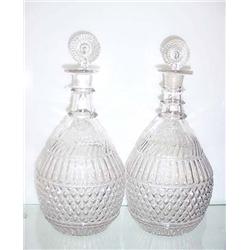 TWO BLOWN 3-MOLD DECANTERS. Both are clear GII-34. Applied beveled rings on necks (one has two, o…
