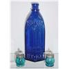 Image 1 : THREE PIECES OF BLUE GLASS. Two Christmas salts. Peacock blue with tin lids (one has an agitator)…
