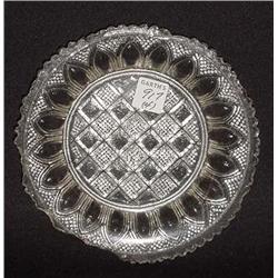 FOUR CLEAR LACY GLASS TODDIES. Pictured is an unusual chase scene with a dog and deer, 6 1/2"d. A…