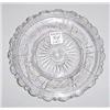 Image 1 : FOUR CLEAR LACY GLASS PIECES. Pictured is an oak leaf pattern tray, 6 1/2"l. and a peacock eye to…