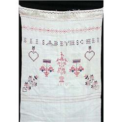 PENNSYLVANIA SHOW TOWEL. Homespun, finely cross-stitched in pink and dark blue with "Elisabeth Sc…