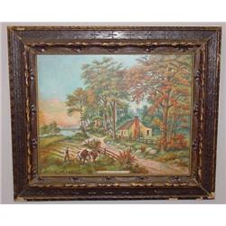 FOLK ART PAINTING ON ARTIST BOARD SIGNED "A.M. STEPHEN". Titled "Birthplace of Ulysses S Grant Pt…