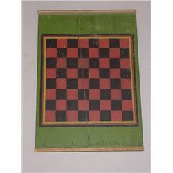 HAND-MADE DECORATED CHECKERBOARD. Pine board from an old tailor's table with slat ends. Board has…