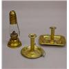 Image 1 : THREE PIECES OF BRASS LIGHTING. "Hurricane Lantern Co. N.Y." skater's lamp. 9 1/4"h. Rectangular …