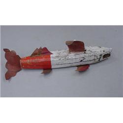 OVERSIZED WOODEN FISH DECOY. Laminated body has weathered red and white paint. Tin fins and tail …