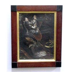 SMALL OIL ON CANVAS PAINTING OF A CAT. The cat is a blue-eyed tabby perched in an old leather sho…