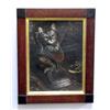Image 1 : SMALL OIL ON CANVAS PAINTING OF A CAT. The cat is a blue-eyed tabby perched in an old leather sho…