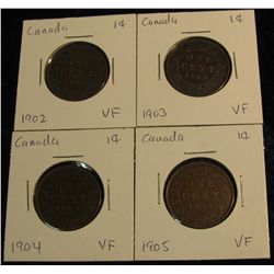 108. 1902, 03, 04, & 05 Canada Edward VII Large Cents. VF-20.