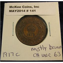 141. 1917 C Newfoundland Cent. Mostly Brown. Choice Unc 63.