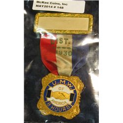 148. 1930 United Mine Workers Brass Badge with Pendant.
