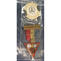 149. Des Moines, Ia. United Mine Workers Brass Badge with Pendant. Missing Set. & an old $1 Gambling