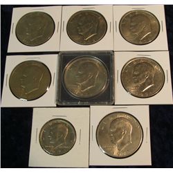 1355. 1971 P, (3) 71 D, (2) 72 D, & 76 D Type 2 Eisenhower Dollars AU-BU & 1971 D Kennedy Half Dolla