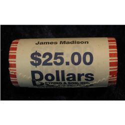 1360. Bank-wrapped and Stamped Roll of James Madison Presidential Dollars. Gem BU. (25 coins),