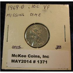 1371. 1969 D Roosevelt Dime Mint Error, Blockage on 20% of the obverse. VF.