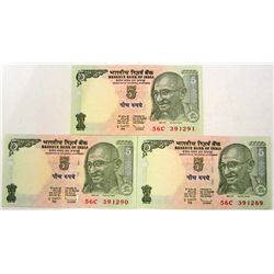 LOT OF 3 INDIAN CURRENCY 2010 5 RUPEES BANK NOTES