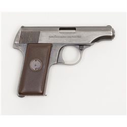 Walther Model 8 semi-auto pistol, 6.35mm cal.,  2-3/4” barrel, blue finish, checkered black hard  ru