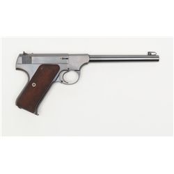 Colt Woodsman semi-auto target pistol, .22LR cal.,  6-1/2” barrel, blue finish, checkered wood grips