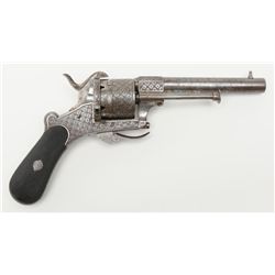 Cased double action pinfire revolver engraved with  finely checkered hard wood grips that may be  eb