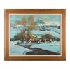 Image 1 : Large framed oil on canvas original painting of  cowboys driving cattle in the winter near snow  cap