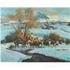 Image 2 : Large framed oil on canvas original painting of  cowboys driving cattle in the winter near snow  cap