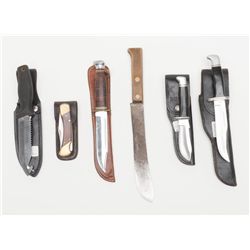 Lot of 6 misc. collector knives including: 1.  Vintage large pre-1973 Buck knife with leather  sheat