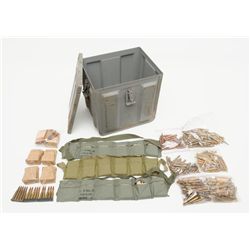 Large military metal can of misc. ammo including  bandoliers of .30 caliber rounds, clips of 7.62mm,