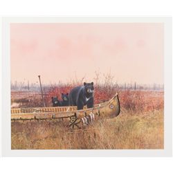 Color Michael Coleman print of black bears  marauding a fishing camp, approx. 21” x 25”  unframed; a