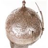 Image 7 : A Persian khula khud helmet from the Qajar  Dynasty.  Intricately pierced bowl backed with red  foil