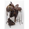 Image 1 : Great looking Western tooled leather stock high  back saddle on iron stand prominently displaying  T