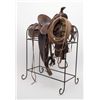 Image 2 : Great looking Western tooled leather stock high  back saddle on iron stand prominently displaying  T