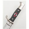 Image 4 : Nazi Youth Dagger with 5 ½“ blade, scabbard and  leather hanger.  The knife is in overall good to  v