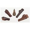 Image 1 : Lot of 4 misc. leather holsters and a brass powder  flask.   Est.:  $80-$160.