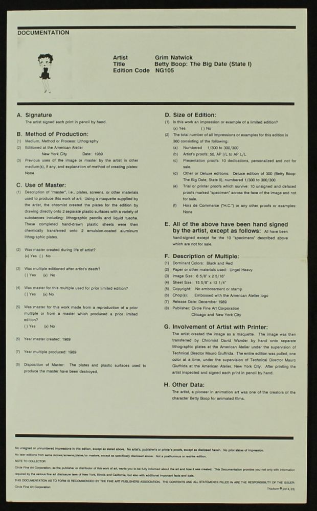 Betty Boop Limited Edition 1990 Lithograph A œsambaa Hand Signed By Grim Natwick L E 195 300 Coa