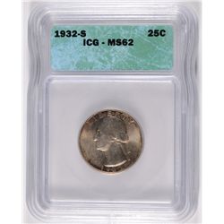 1932-S WASHINGTON QUARTER, ICG MS-62 WITH NICE COLOR!
