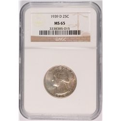 1939 D WASHINGTON QUARTER NGC MS65 MOSTLY WHITE