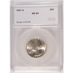 1947-S WASHINGTON QUARTER, SEGS MS-65  GEM NICE!