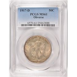 1917-D OBV. WALKING LIBERTY HALF DOLLAR, PCGS MS61  VERY HARD TO FIND THIS NICE