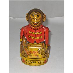 VINTAGE J CHEIN & CO TIN LITHOGRAPH TOY MONKEY BANK