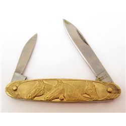 NOVELTY KNIFE CO. HORSE BRASS POCKET KNIFE APPROX. 3"