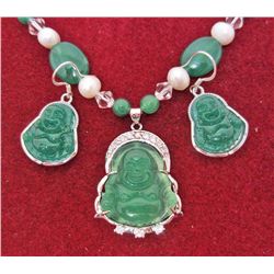18K GOLD PLATED JADE BUDDHA PEARL NECKLACE EARRING SET