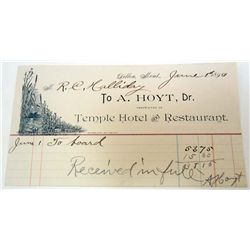 1890 BILLHEAD RECEIPT FOR TEMPLE HOTEL BOARDING