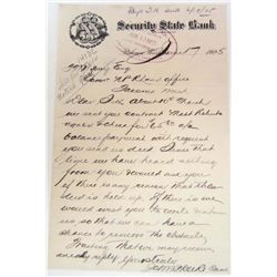 1905 LETTER FROM THE SECURITY STATE BANK